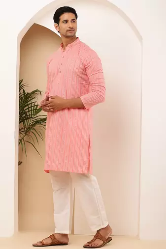 Men's coral pink cotton kurta with all-over print