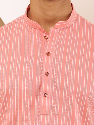 Men's coral pink cotton kurta with all-over print 5