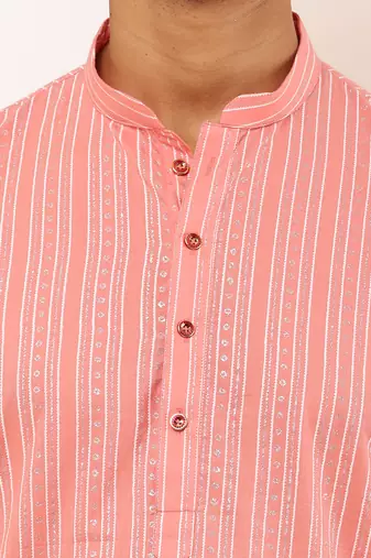 Men's coral pink cotton kurta with all-over print