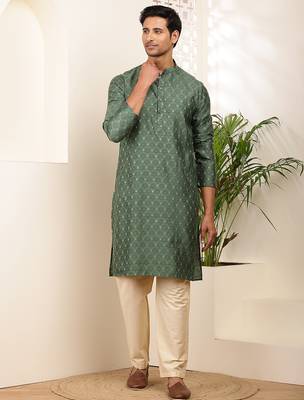 Men's dark green cotton kurta with floral print design 1