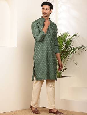 Men's dark green cotton kurta with floral print design 2
