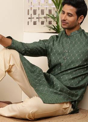 Men's dark green cotton kurta with floral print design 3