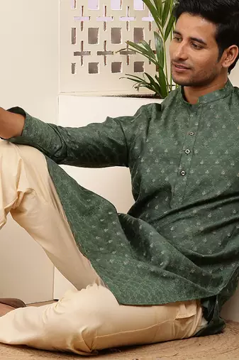Men's dark green cotton kurta with floral print design