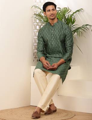 Men's dark green cotton kurta with floral print design 4