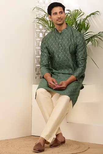 Men's dark green cotton kurta with floral print design