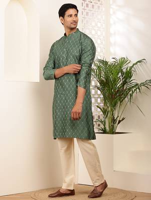 Men's dark green cotton kurta with floral print design 5