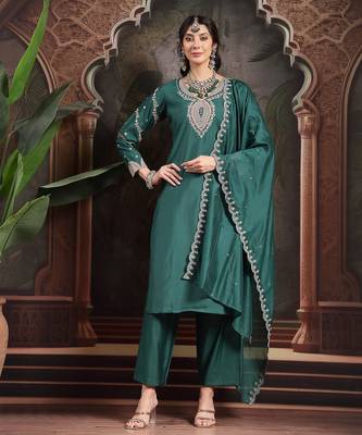 teal green silk blend kurta dupatta pant set 1