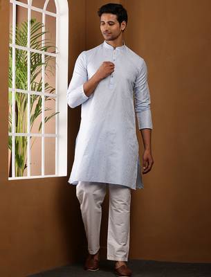 Men's light blue viscose blend kurta with textured pattern 1