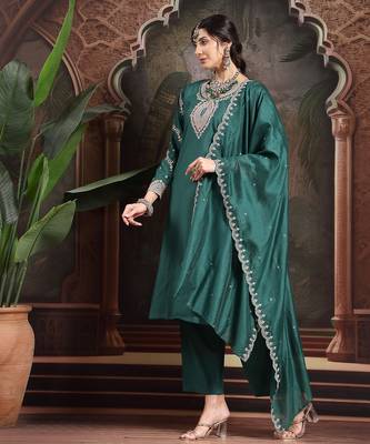 teal green silk blend kurta dupatta pant set 2