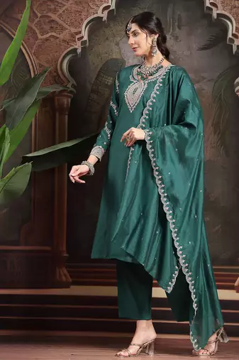 teal green silk blend kurta dupatta pant set
