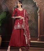 maroon mul chanderi short kurta palazzo set