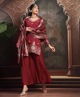 maroon mul chanderi short kurta palazzo set 2