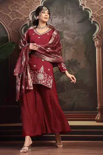 maroon mul chanderi short kurta palazzo set