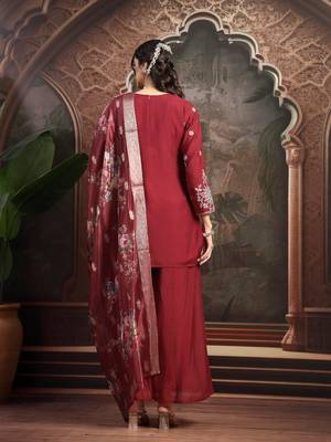maroon mul chanderi short kurta palazzo set 3