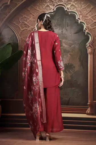maroon mul chanderi short kurta palazzo set