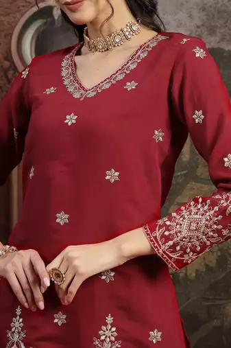 maroon mul chanderi short kurta palazzo set