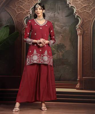 maroon mul chanderi short kurta palazzo set 5