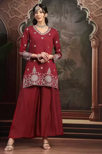 maroon mul chanderi short kurta palazzo set