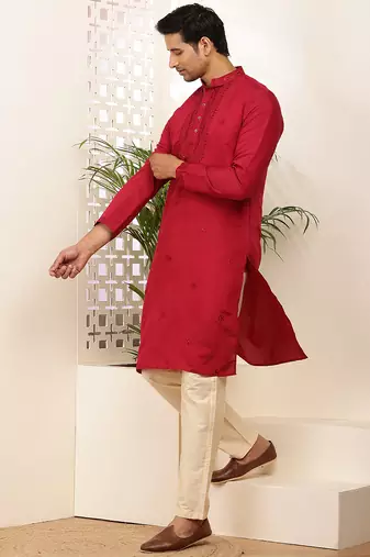 Men's red cotton kurta with embroidered neckline