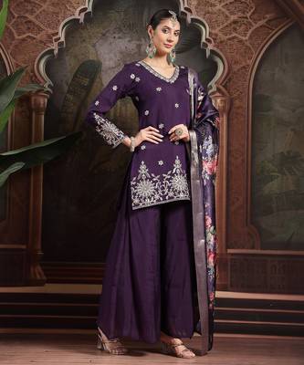 purple mul chanderi short kurta palazzo set 1