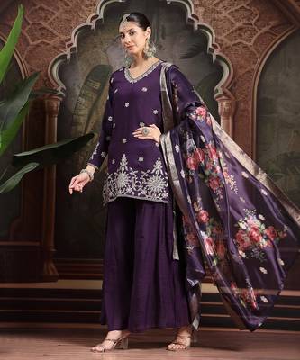 purple mul chanderi short kurta palazzo set 2