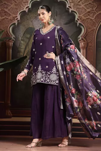 purple mul chanderi short kurta palazzo set