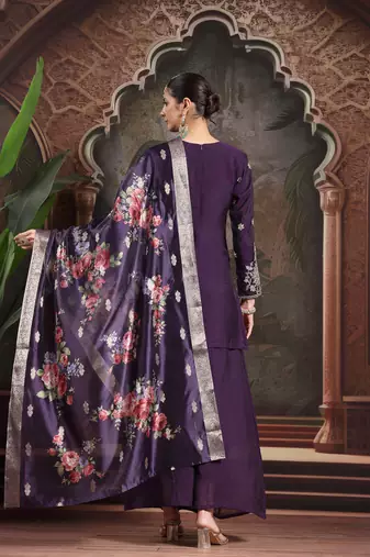 purple mul chanderi short kurta palazzo set