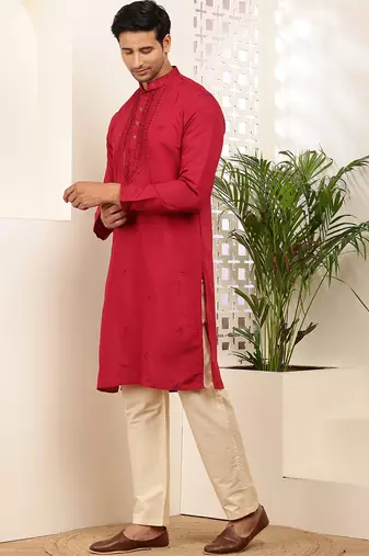 Men's red cotton kurta with embroidered neckline