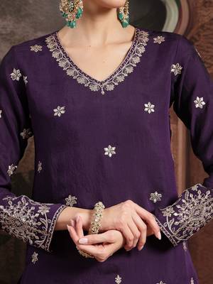 purple mul chanderi short kurta palazzo set 4
