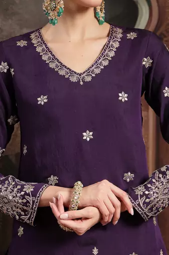 purple mul chanderi short kurta palazzo set