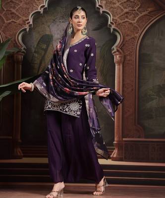 purple mul chanderi short kurta palazzo set 5