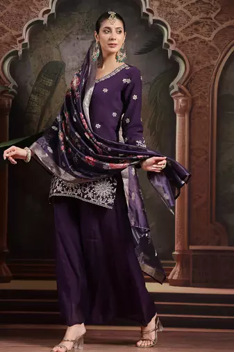 purple mul chanderi short kurta palazzo set