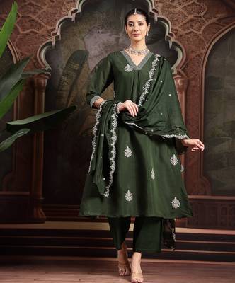 olive mul chanderi a-line kurta trouser set 1