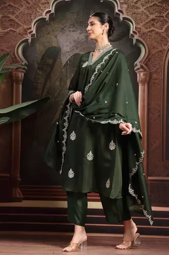 olive mul chanderi a-line kurta trouser set