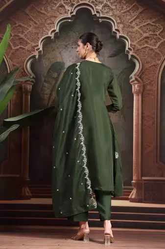 olive mul chanderi a-line kurta trouser set