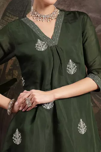 olive mul chanderi a-line kurta trouser set