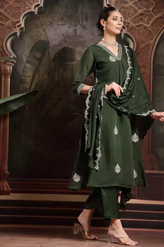 olive mul chanderi a-line kurta trouser set
