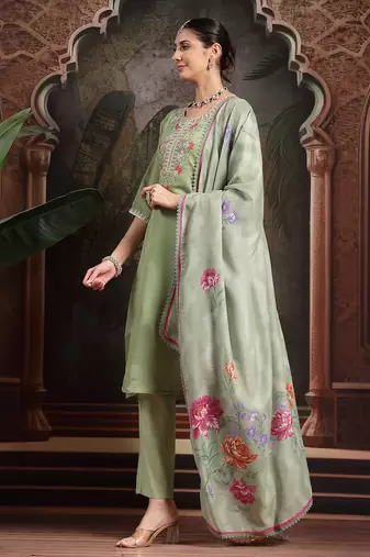 green mul chanderi a-line kurta trouser set