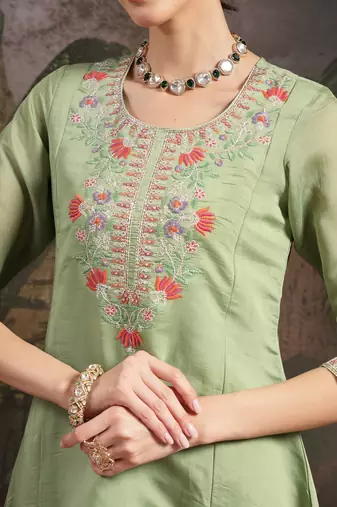 green mul chanderi a-line kurta trouser set