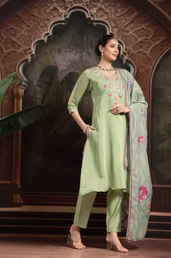 green mul chanderi a-line kurta trouser set