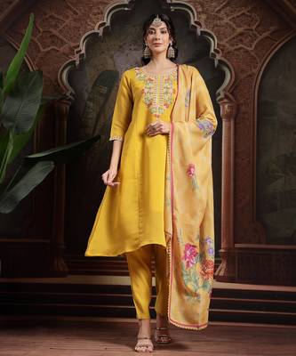 yellow mul chanderi a-line kurta trouser set 1