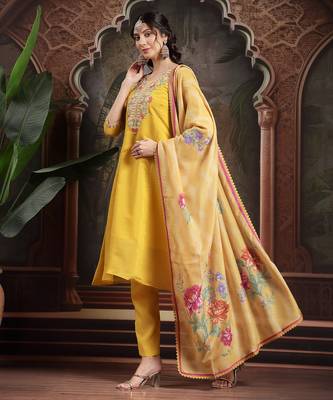 yellow mul chanderi a-line kurta trouser set 2