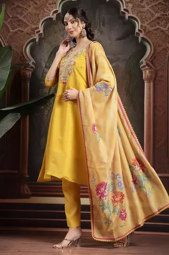 yellow mul chanderi a-line kurta trouser set