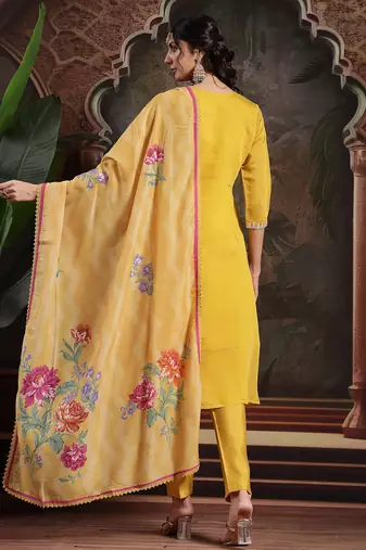 yellow mul chanderi a-line kurta trouser set