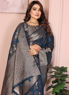 Navy Blue Color Party Wear Organza Silk Saree 1