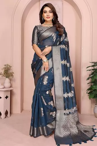 Navy Blue Color Party Wear Organza Silk Saree