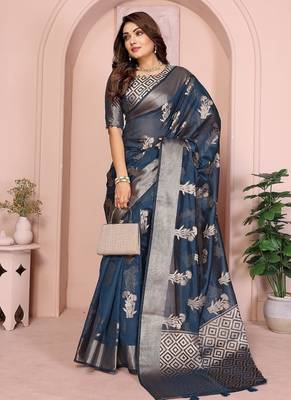 Navy Blue Color Party Wear Organza Silk Saree 3