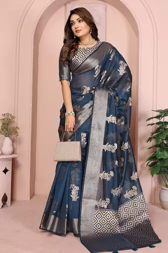 Navy Blue Color Party Wear Organza Silk Saree