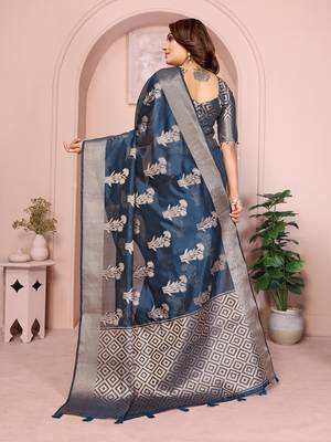 Navy Blue Color Party Wear Organza Silk Saree 4