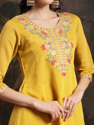 yellow mul chanderi a-line kurta trouser set 4